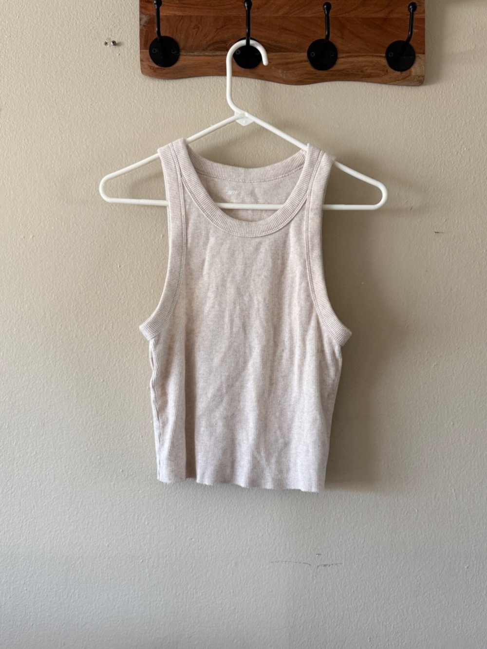 Aerie Oatmeal Heather Ribbed High Neck Cropped Tank Top Size L Minimalist